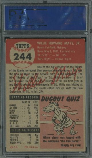 1953 Topps 244 Willie Mays York Giants HOF PSA 4 VG - EX 