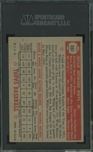 1952 Topps 261 Willie Mays York Giants HOF SGC 55 VG - EX,  4.  5 LOOKS NICER 2