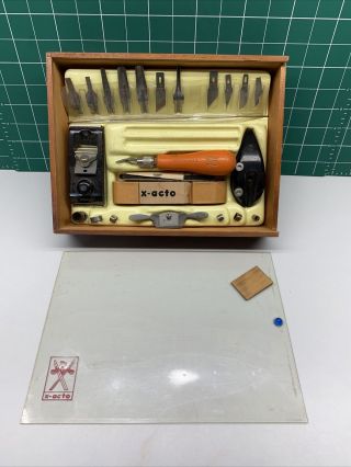 Vintage 84 X - Acto Knife Hobby Set,  Wooden Case,  Plastic Clear Top With Insign