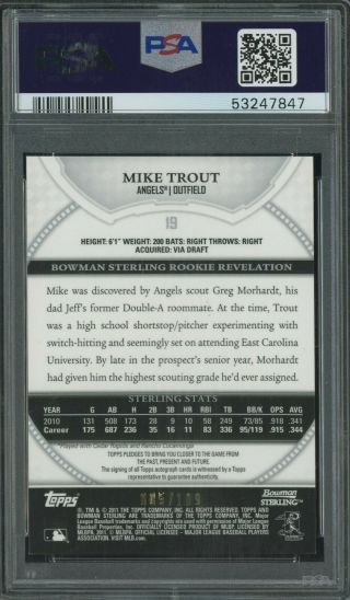 2011 Bowman Sterling Refractor Mike Trout RC Rookie AUTO /109 PSA 9 