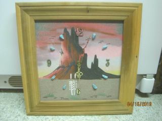 Vintage Art Sand Painting Clock On Board With Turquoise Chunks Runs