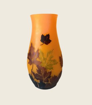 Teleflora Vase Cameo Tangerine Etched Autumn Oak Leaves French Gallé Style Vtg