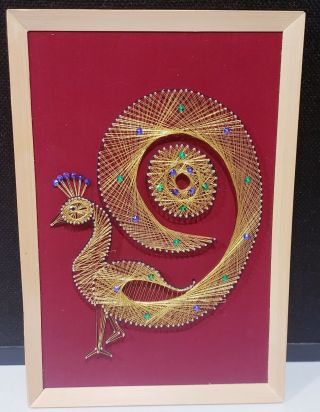Vintage String Wall Art Mid Century Modern - Framed Gold Peacock Bird