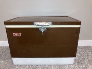 Vintage Brown Coleman Metal Cooler With Locking Handle Ice Chest Box