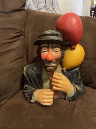 Vintage Emmett Kelly Clown Plaster Statue Bust 1993 Sad Hobo Clown W/ Balloons