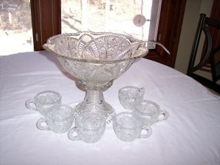 Vintage Eapg Mckee Concord Clear Pressed Glass Punch Bowl,  Stand,  6 Cups & Ladle