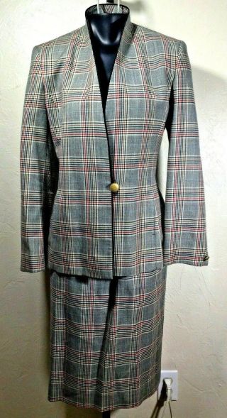 Vtg Pendleton M Black Red Plaid Wool 2pc Skirt Jacket Business Suit Set