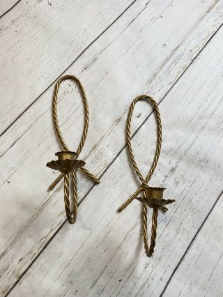 Vintage Pair Art Deco Gold Brass Wall Sconces Candle Knotted Nautical 80 