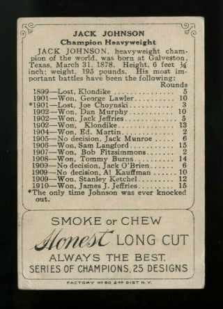 1912 T227 HONEST LONG CUT JACK JOHNSON WHITE BORDERS BRIGHT COLOR BACK HQ 2