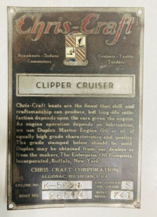Vintage Chris Craft Boat Engine Data Plate Emblem Plaque Clipper Cruise