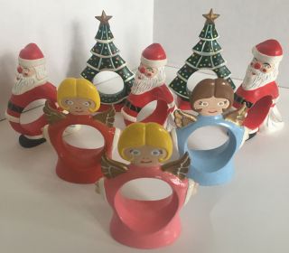 8 Vintage Ceramic Holiday Christmas Tree/santa/angel Napkin Rings Holder Retro
