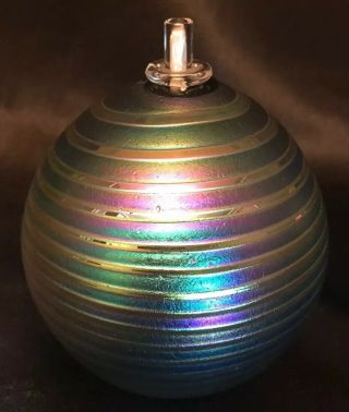 Vintage 2002 Stuart Abelman Iridescent Swirl Art Glass Oil Lamp Candle 4” X 4”
