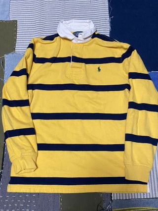 Polo Ralph Lauren Rugby Shirt Long Sleeve M Yellow Blue Fleece Striped Shirt Vtg