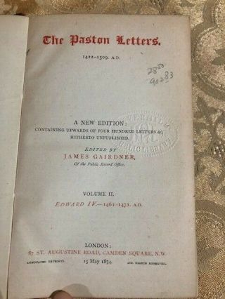 The Paston Letters 1422 - 1509 A.  D. ,  Vol 2 Edward IV 1461 - 1471 Antique Book 2
