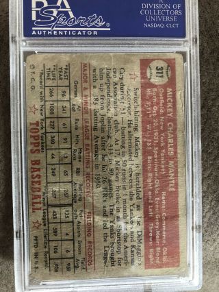 1952 Topps 311 Mickey Mantle RC Psa 1 2