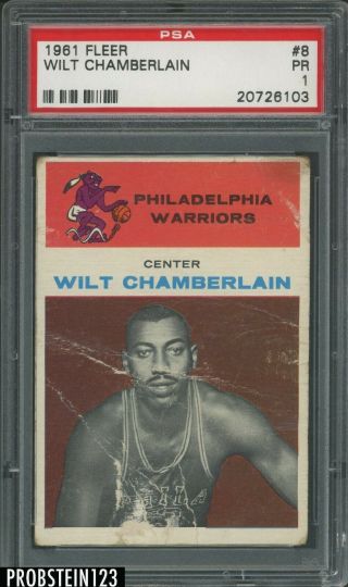 1961 Fleer Basketball 8 Wilt Chamberlain Warriors Rc Rookie Hof Psa 1 Poor