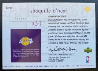 1999 - 2000 Upper Deck Basketball Shaquille O ' Neal Game Patch GJP2 3 - color 2