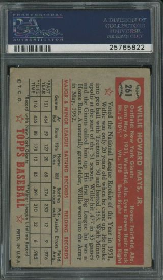 1952 Topps 261 Willie Mays York Giants HOF PSA 3 VG 