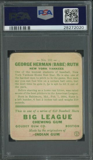 1933 Goudey 181 Babe Ruth York Yankees HOF PSA 2 Good 