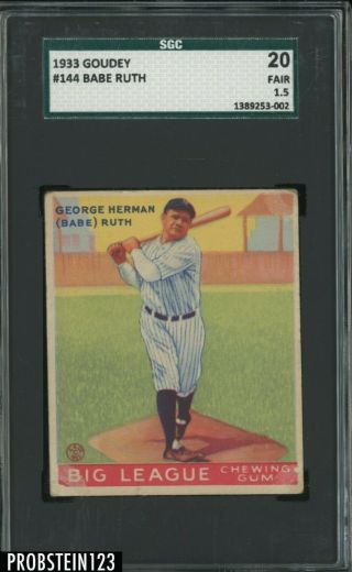 1933 Goudey 144 Babe Ruth York Yankees Hof Sgc 20 Fair 1.  5 " Iconic Card "