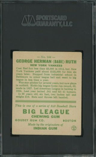 1933 Goudey 144 Babe Ruth York Yankees HOF SGC 20 Fair 1.  5 