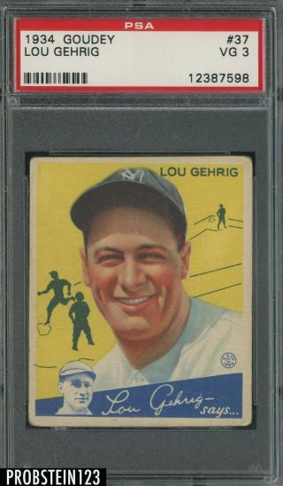 1934 Goudey 37 Lou Gehrig York Yankees Hof Psa 3 Vg " Bold Image "