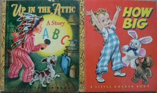 2 Vintage Little Golden Books How Big,  Up In The Attic A Story Abc Malvern