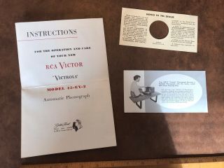 Vintage Rca Victor 45 Rpm Record Player Model 45 - Ey - 2 Instruction Booklet