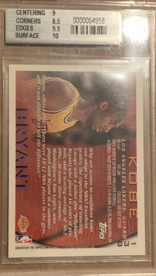 Kobe Bryant 1996 - 97 Topps Basketball 138 RC Rookie BGS 9,  Subs 9.  5 & 10 2