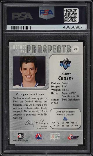 2004 In The Game Heroes Prospects Sidney Crosby ROOKIE RC AUTO A - SC PSA 10 2