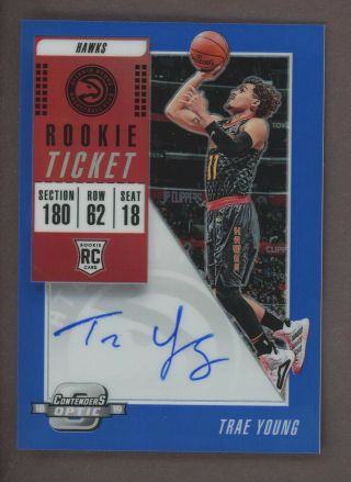 2018 - 19 Contenders Optic Blue Rookie Ticket Trae Young Rc Auto 22/99 Hawks