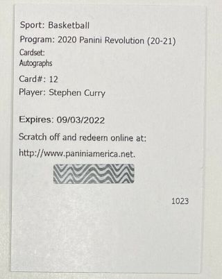2020 - 21 Panini Revolution Stephen Curry Autograph Redemption Warriors