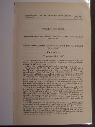 Government Report 1904 William Shadrick Private Co G 3rd Vt Infantry Civil War