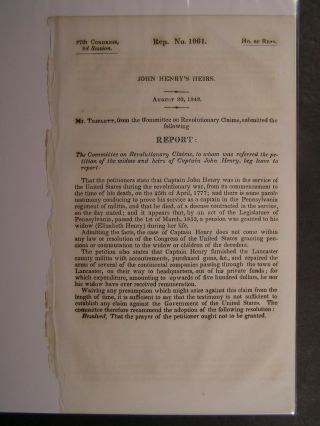 Government Report 1842 Captain John Henry Pa Militia Reg Revolutionary War