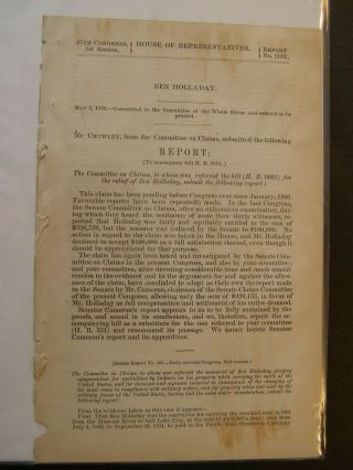Government Report 1882 Relief For Ben Holladay For Spoliations By Indians