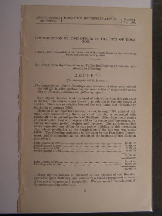 Government Report 1882 Construction Of Post Office In The City Of Houston