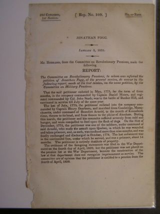 Gov Report 1832 Jonathan Fogg Battle Bunker Hill Revolutionary War Pension