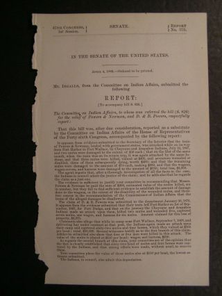 Government Report 1882 Train Of Powers & Newman Attacked Fort Harker By Indians