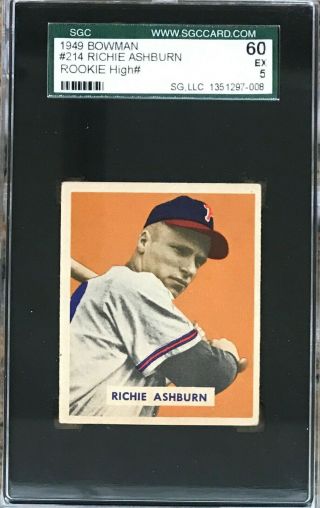 1949 Bowman Baseball Card High 214 Richie Ashburn Hof Rookie Rc Sgc 60 (5)