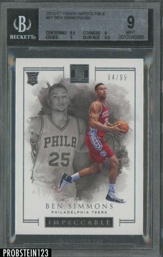 2016 - 17 Panini Impeccable Ben Simmons 76ers Rc Rookie 64/99 Bgs 9 W/ 9.  5