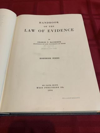 1954 Handbook Of The Law Of Evidence By Charles T.  McCormick Hornbook Series HB 3