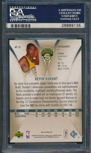 2007 - 08 SP Authentic Profiles Kevin Durant Supersonics RC Rookie PSA 10 2