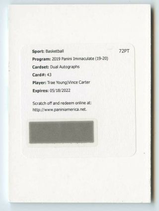 Trae Young & Vince Carter 2019 20 Panini Immaculate Dual Auto - Redemption