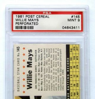 1961 POST CEREAL BASEBALL CARD 145 HOF WILLIE MAYS PSA 9 NQ PERFORATED POP 7 2