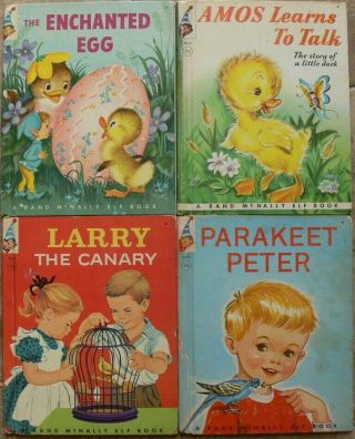 4 Vintage Rand Mcnally Elf Books Parakeet Peter,  Enchanted Egg,  Larry The Canary