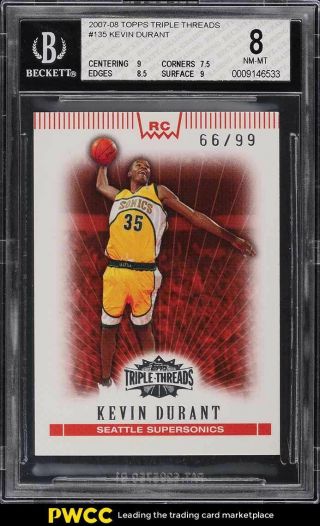 2007 Topps Triple Threads Kevin Durant Rookie Rc /99 135 Bgs 8 Nm - Mt