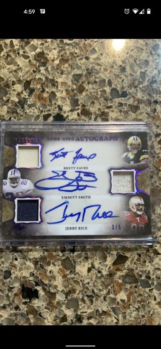2020 Leaf In The Game Brett Favre Emmitt Smith Jerry Rice Jersey Auto 3/5