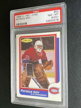1986 O - Pee - Chee Opc Hockey 53 Patrick Roy Canadiens Rc Rookie Psa 8 (oc) Sharp
