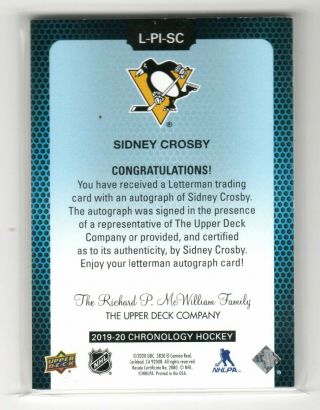 2019 - 20 UD Chronology SIDNEY CROSBY Letterman Auto /10 Pittsburgh Penguins 2