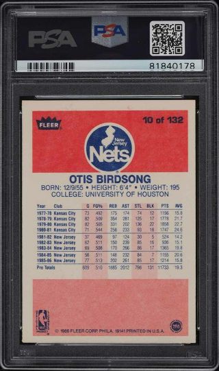 1986 Fleer Basketball Otis Birdsong 10 PSA 10 GEM 2